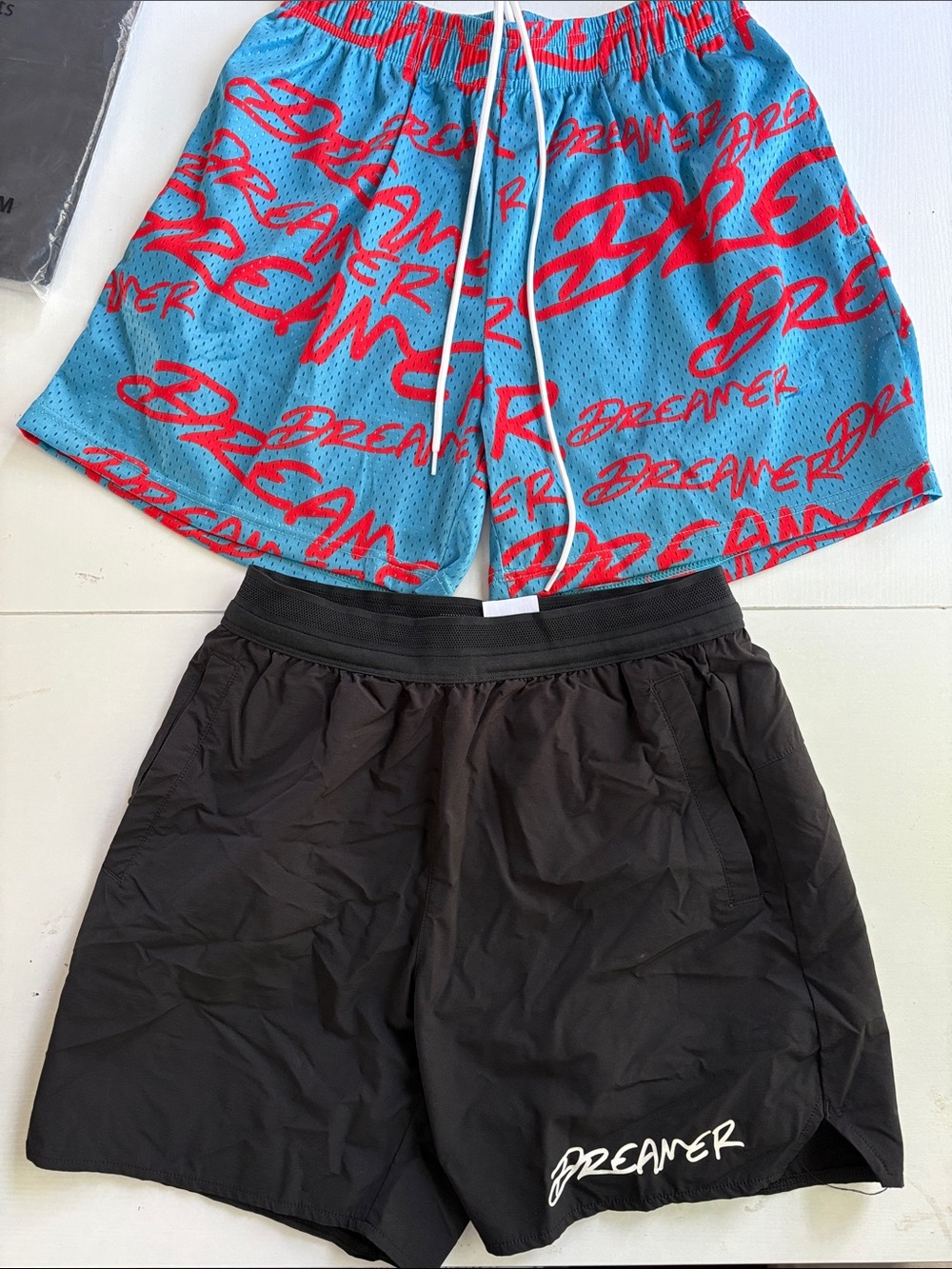 Dreamers Men's Athletic Shorts Two-Pack — Blue with Red Script & Black